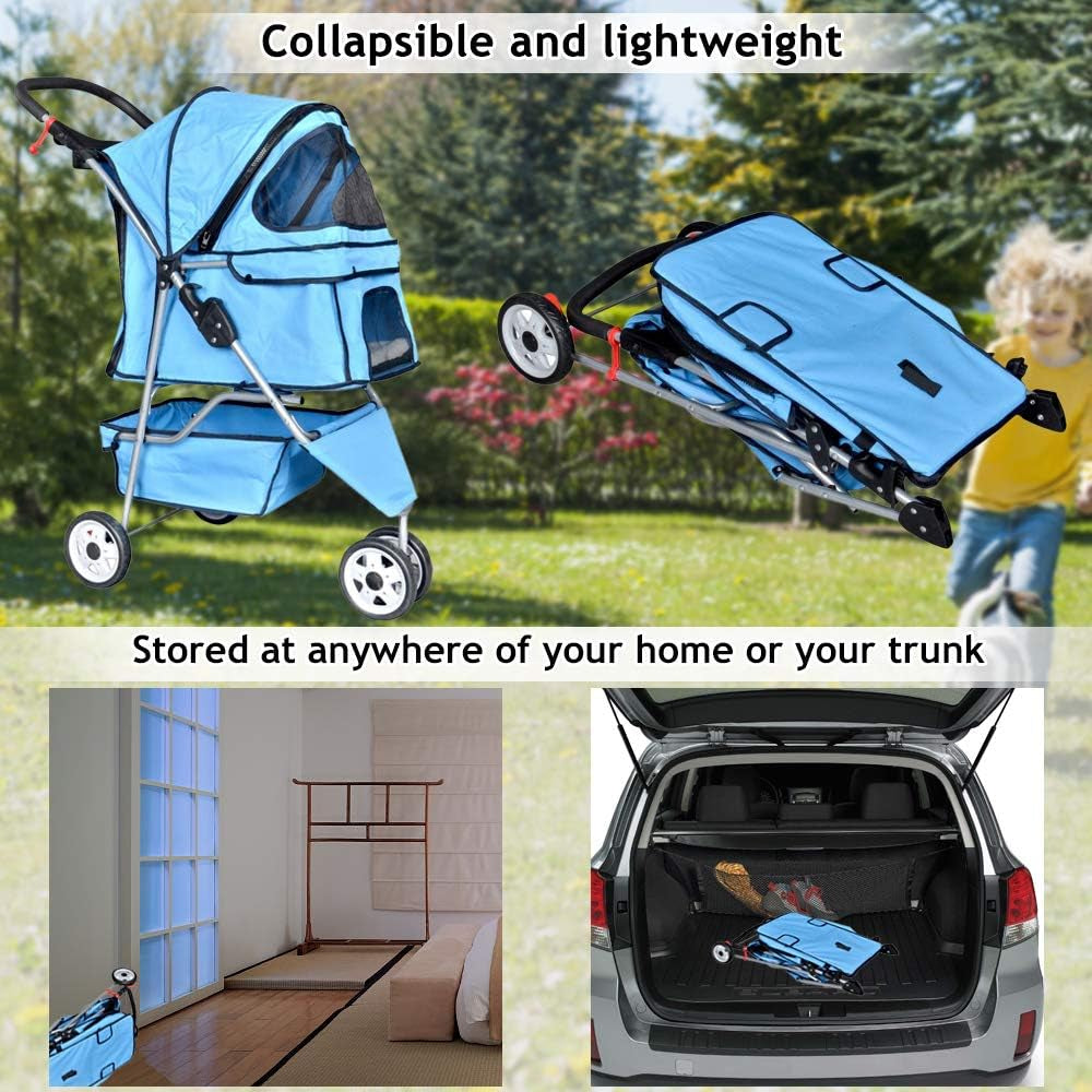 Deluxe 3-Wheel Pet Stroller for Cats & Dogs - Folding Travel Carriage with Cup Holder & Removable Pad