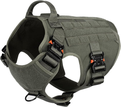 Durable Tactical Dog Harness with 4X Metal Buckle | No Pull Front Clip & MOLLE K9 Vest | Adjustable Harness for Large Dogs (L, 28"-35" Chest) - Green