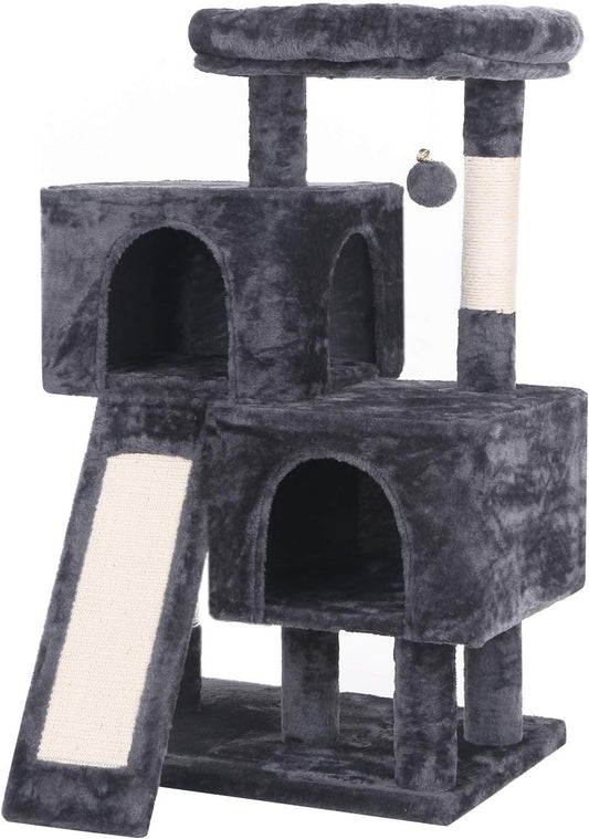 Deluxe Cat Tree Condo with Scratch Posts, Plush Perches & Dual Houses - Ultimate Kitty Activity Center in Grey