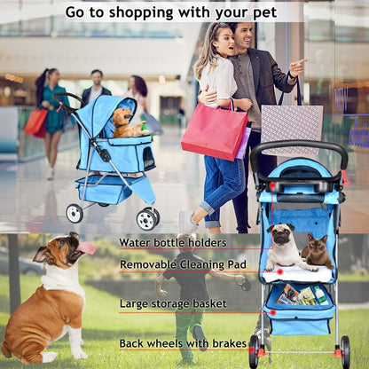 Deluxe 3-Wheel Pet Stroller for Cats & Dogs - Folding Travel Carriage with Cup Holder & Removable Pad