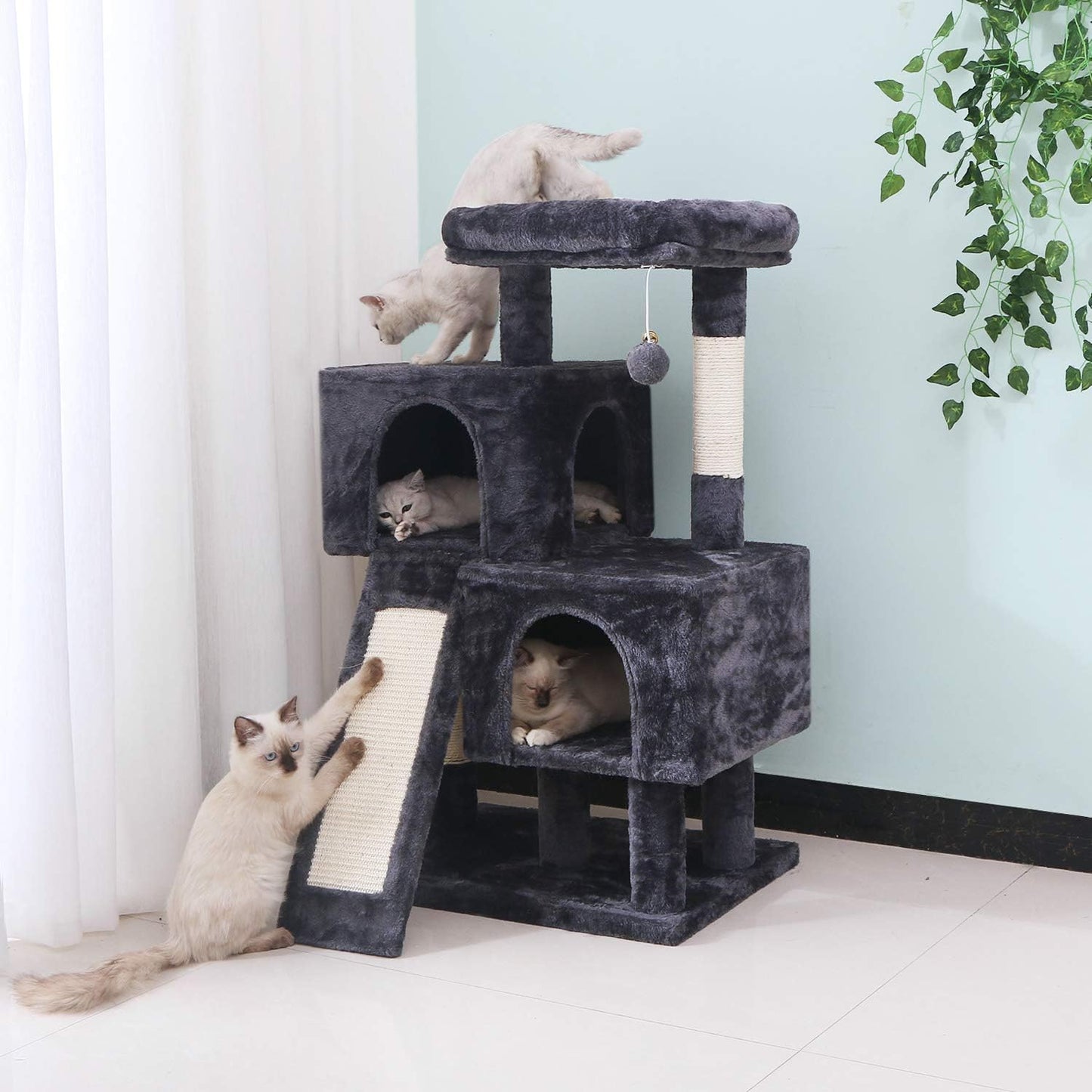 Deluxe Cat Tree Condo with Scratch Posts, Plush Perches & Dual Houses - Ultimate Kitty Activity Center in Grey
