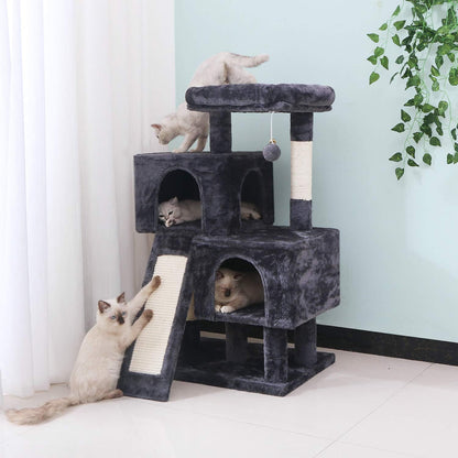 Deluxe Cat Tree Condo with Scratch Posts, Plush Perches & Dual Houses - Ultimate Kitty Activity Center in Grey