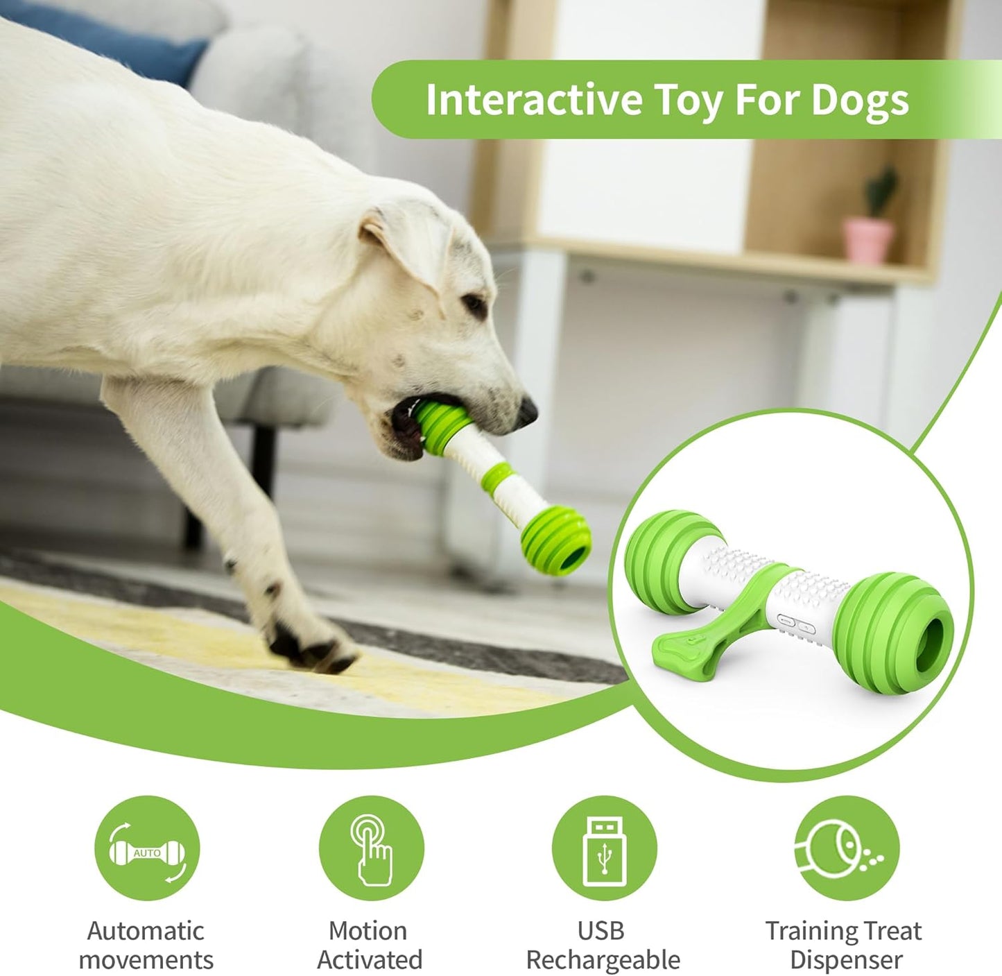 Motion Activated Interactive Dog Bone Toy - USB Rechargeable Electronic Dog Toy for Medium & Large Dogs - Perfect for Boredom & Stimulation (Green)
