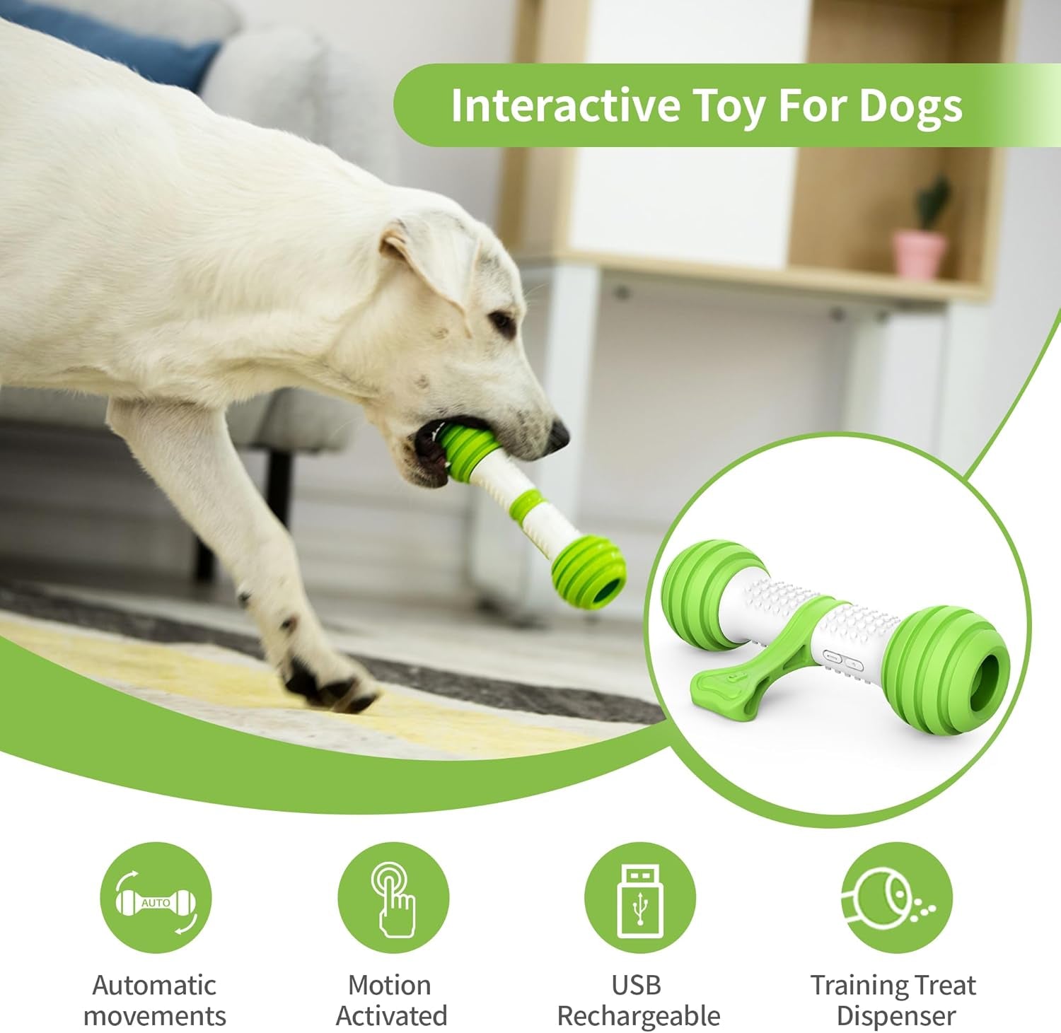 Motion Activated Interactive Dog Bone Toy - USB Rechargeable Electronic Dog Toy for Medium & Large Dogs - Perfect for Boredom & Stimulation (Green)