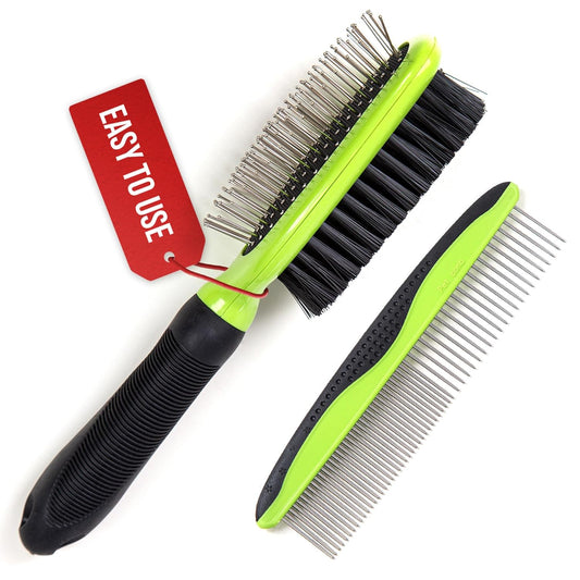 Ultimate Pet Grooming Set - Double-Sided Dog & Cat Brush and Comb for Deshedding, Lice, and Flea Removal - Ergonomic Strong Grip and Soft Bristles