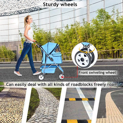 Deluxe 3-Wheel Pet Stroller for Cats & Dogs - Folding Travel Carriage with Cup Holder & Removable Pad