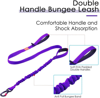 No-Pull Dog Harness and Leash Set - Reflective Front Clip Vest with 5 Ft Dual Handle Bungee Leash - Purple