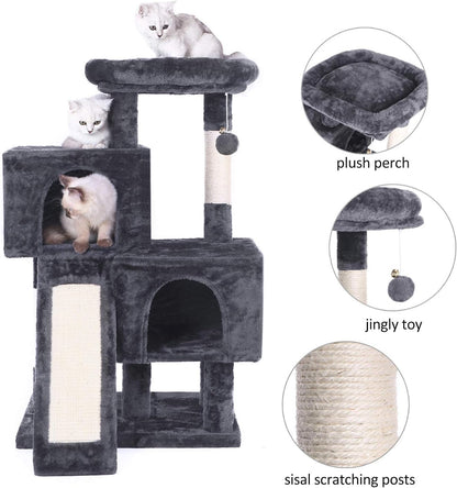 Deluxe Cat Tree Condo with Scratch Posts, Plush Perches & Dual Houses - Ultimate Kitty Activity Center in Grey
