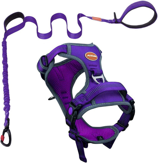 No-Pull Dog Harness and Leash Set - Reflective Front Clip Vest with 5 Ft Dual Handle Bungee Leash - Purple