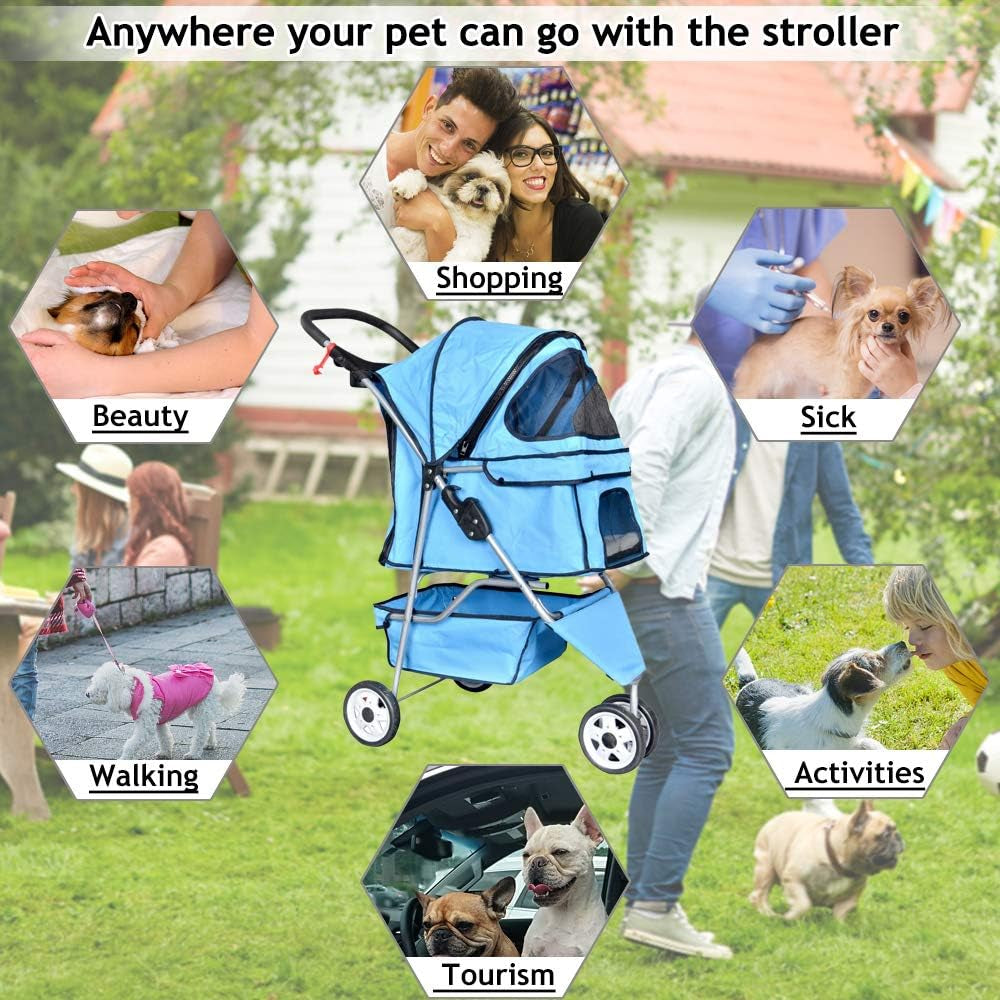 Deluxe 3-Wheel Pet Stroller for Cats & Dogs - Folding Travel Carriage with Cup Holder & Removable Pad