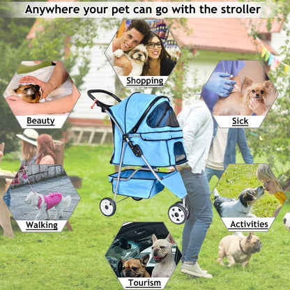 Deluxe 3-Wheel Pet Stroller for Cats & Dogs - Folding Travel Carriage with Cup Holder & Removable Pad
