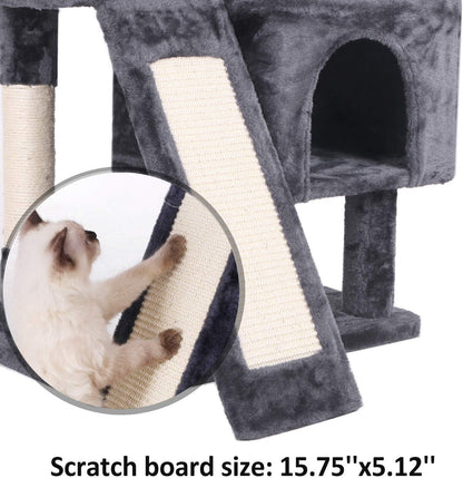 Deluxe Cat Tree Condo with Scratch Posts, Plush Perches & Dual Houses - Ultimate Kitty Activity Center in Grey