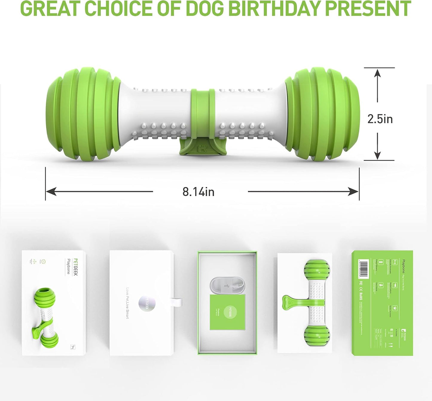 Motion Activated Interactive Dog Bone Toy - USB Rechargeable Electronic Dog Toy for Medium & Large Dogs - Perfect for Boredom & Stimulation (Green)