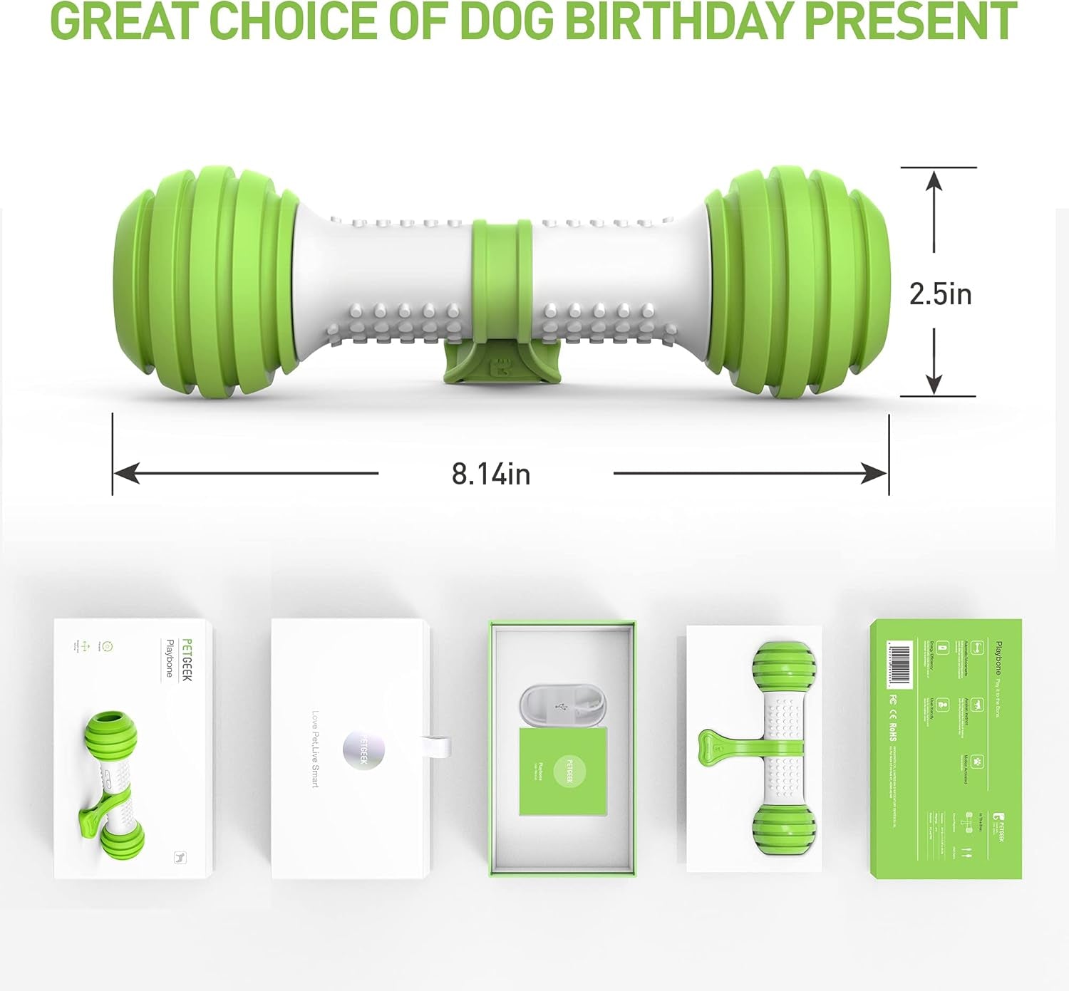 Motion Activated Interactive Dog Bone Toy - USB Rechargeable Electronic Dog Toy for Medium & Large Dogs - Perfect for Boredom & Stimulation (Green)