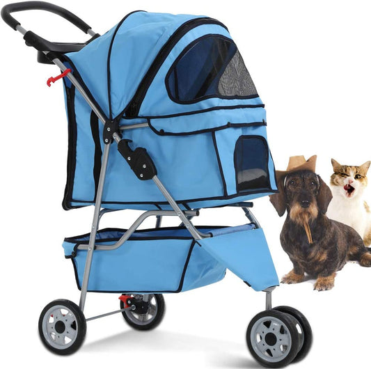Deluxe 3-Wheel Pet Stroller for Cats & Dogs - Folding Travel Carriage with Cup Holder & Removable Pad